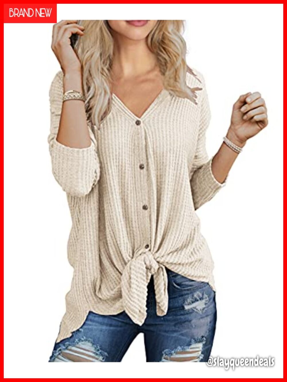 Womens Waffle Knit Button Down Henley Tunic Top Loose Tie Front Batwing Long